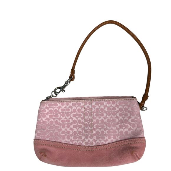Coach Pink Jacquard Canvas Suede Leather Wristlet Micro Mini Bag Zip Pouch - Picture 1 of 5